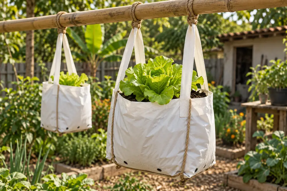 Ilustração de alfaces em sacolas de cultivo reforçadas, suspensas no bambu com cordas de apoio