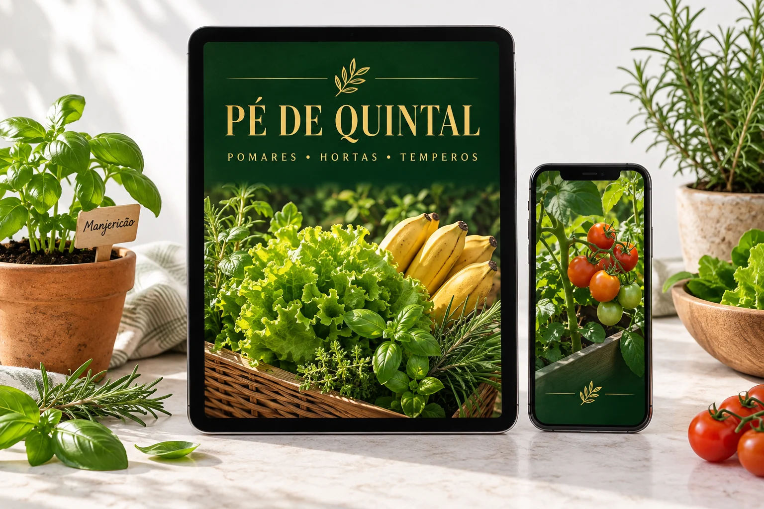 Apresentação digital do Pé de Quintal em um tablet e um celular, com hortaliças e temperos