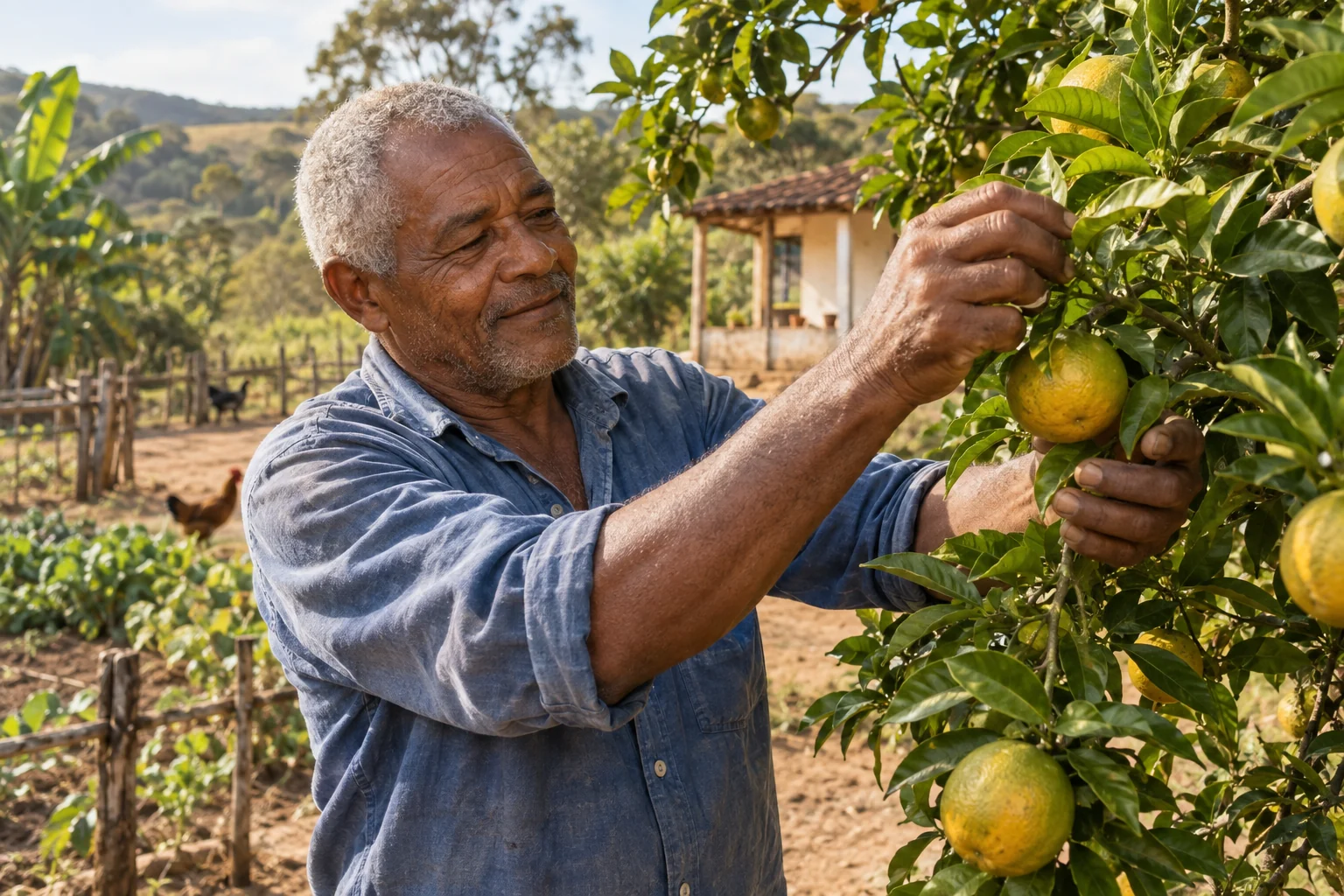 Cena ilustrativa de um homem cuidando de árvores em um sítio
