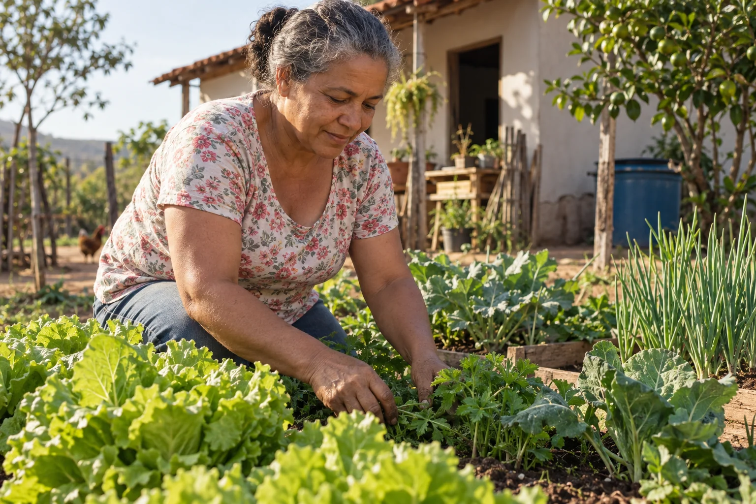 Cena ilustrativa de uma mulher cuidando da horta de casa