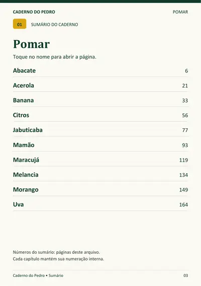 Página real do Caderno do Pedro: Índice do caderno