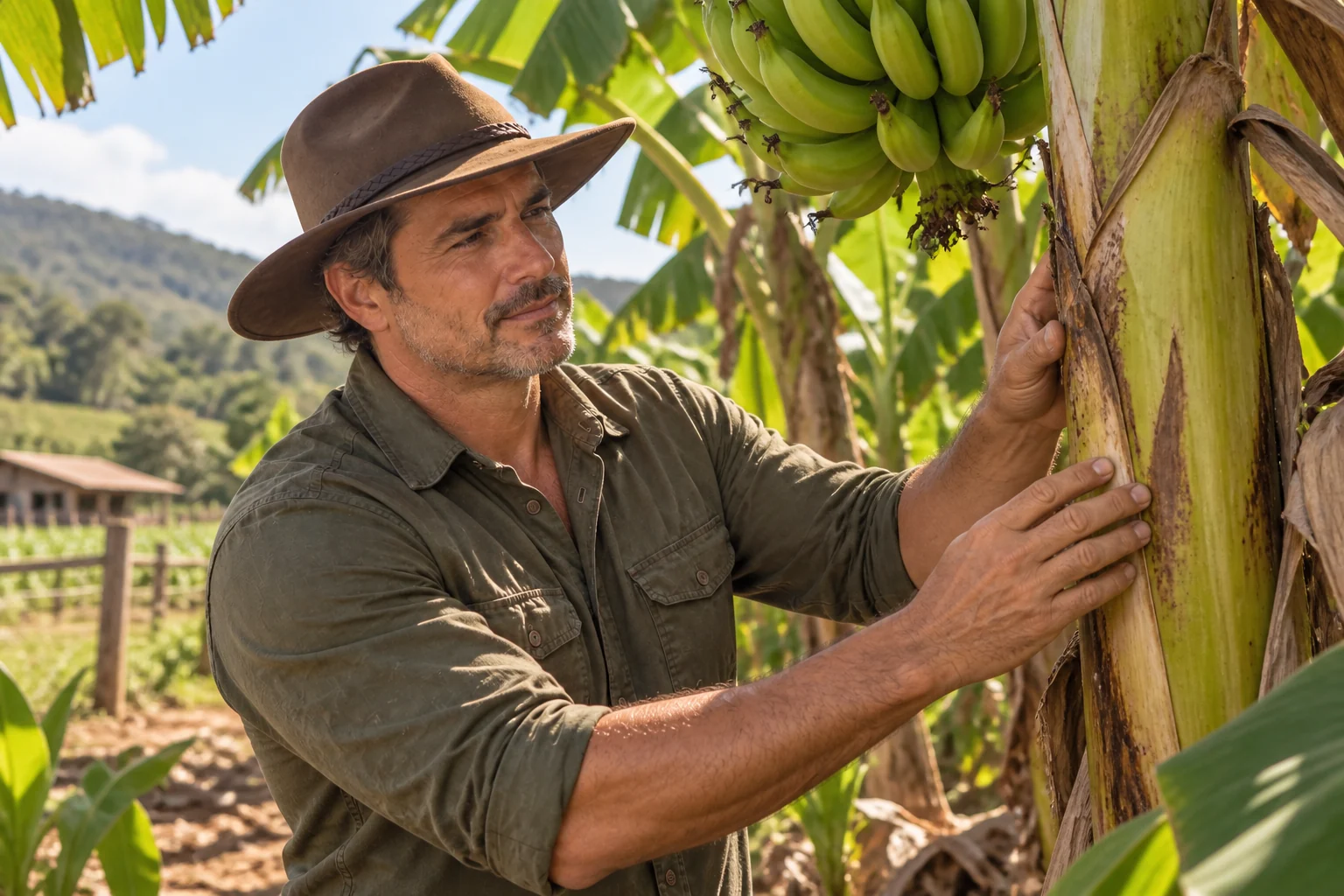Pedro do Agro cuidando de uma bananeira