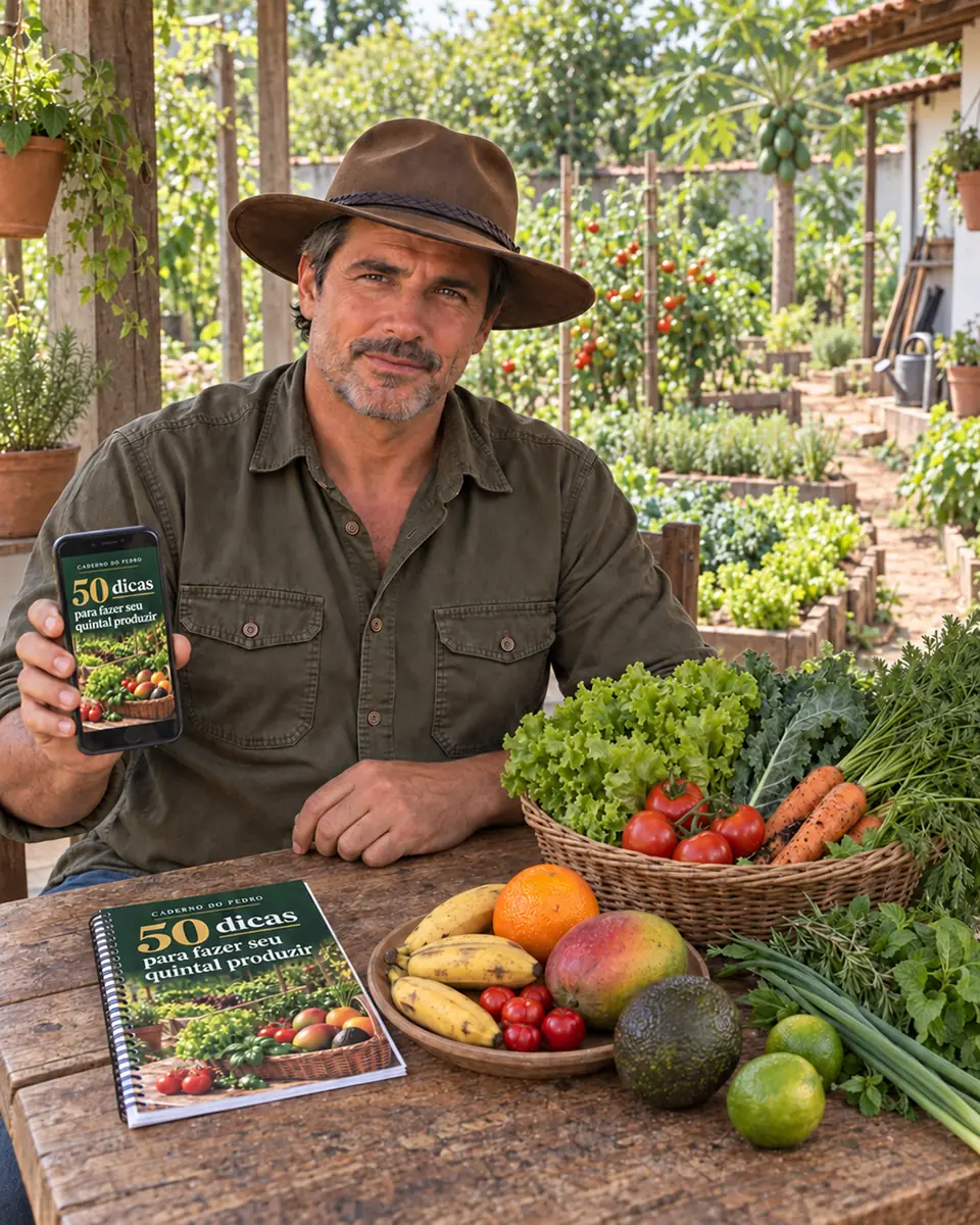 Pedro mostrando o caderno no celular, com a versão impressa, frutas e uma cesta de verduras na mesa, diante de uma horta