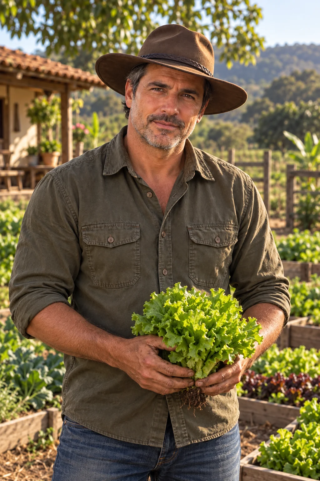 Pedro do Agro na horta, segurando uma alface recém-colhida